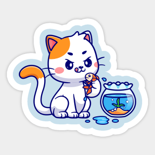 Cute Cat Holding Fish Cartoon Sticker